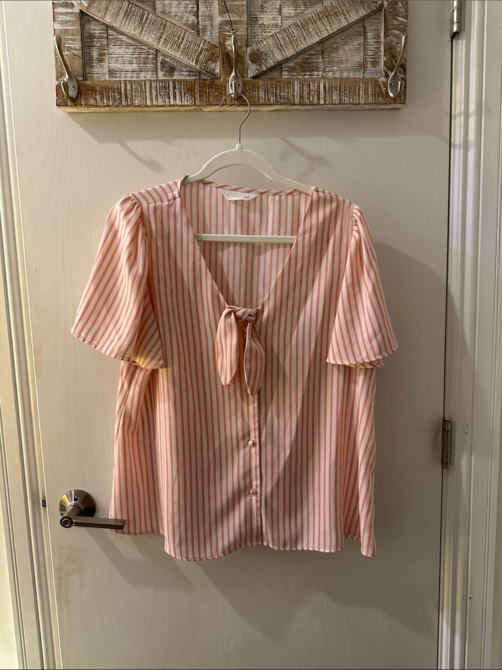 LC Lauren Conrad Pink and White Striped Tie-Neck Blouse